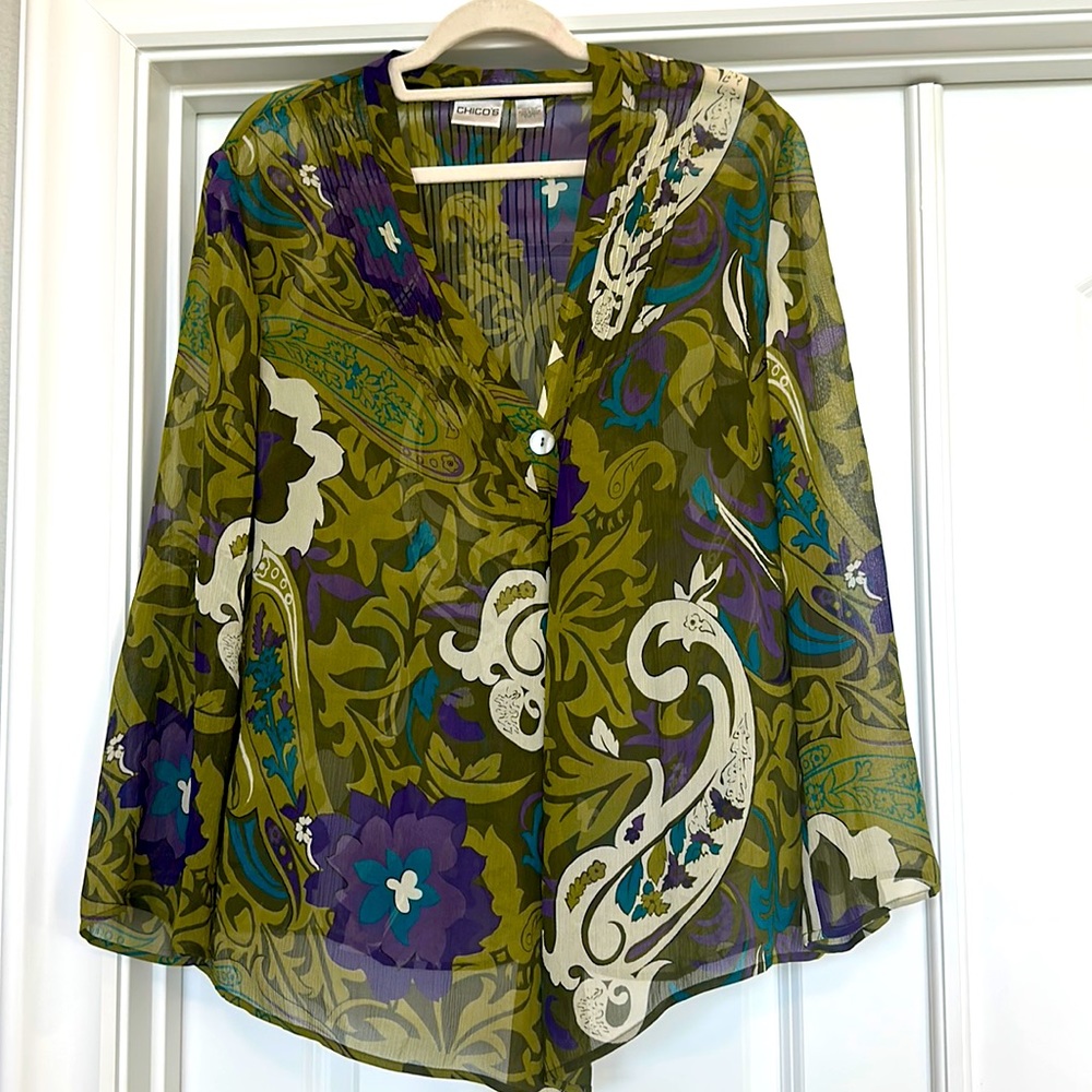 Chico's 100% Silk Green and Purple Shear Paisley Floral Cardiagn
